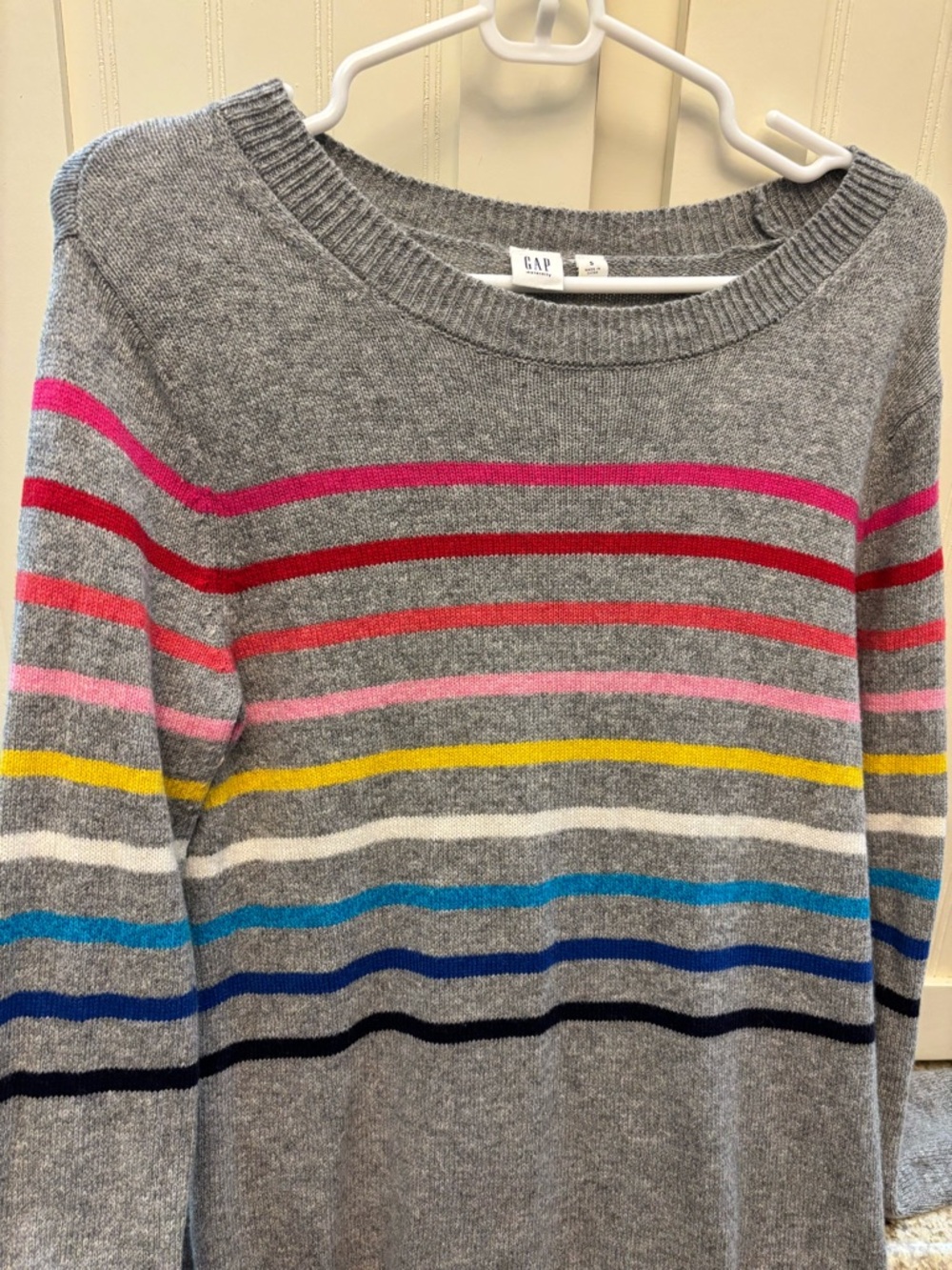 GAP Maternity Women's Gray Crewneck Sweater with Multicolor Stripes